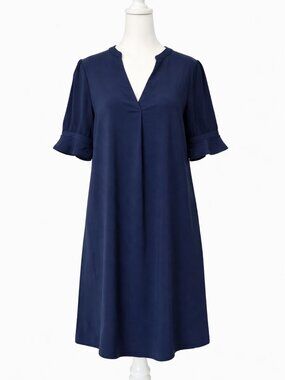 Boutique Navy Shift Dress Size L | Ruffle Sleeve V-Neck Classic Minimal
